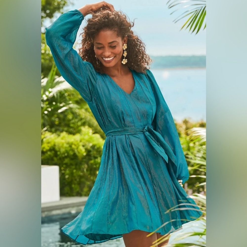 Lilly Pulitzer Kalianna Valencia teal dress with fine metallic stripe size S